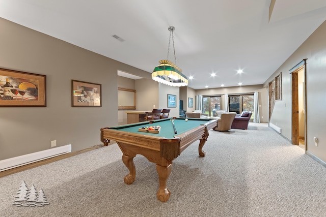 playroom featuring pool table, carpet, visible vents, and baseboards