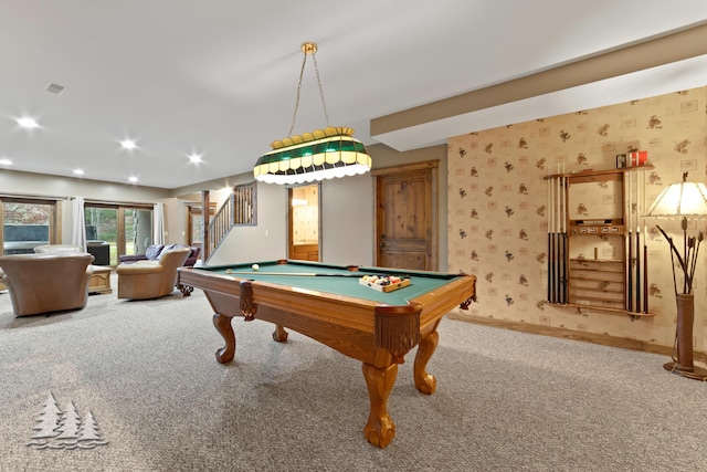 rec room featuring billiards, recessed lighting, carpet flooring, wallpapered walls, and baseboards