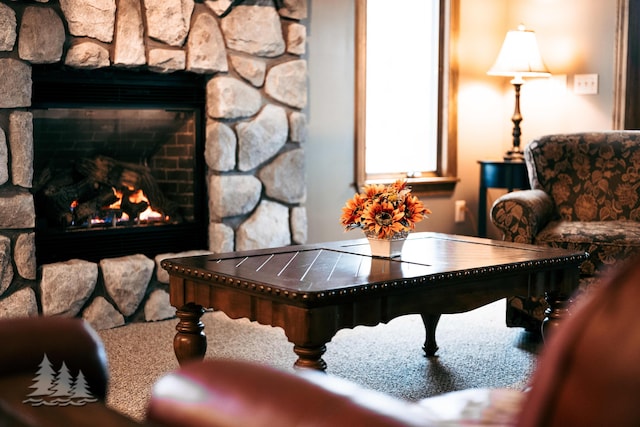 details with a stone fireplace