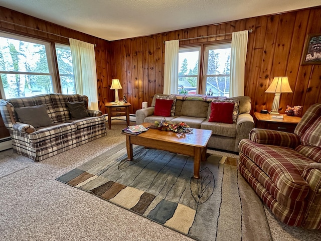 living area with a wealth of natural light, wood walls, a textured ceiling, and carpet