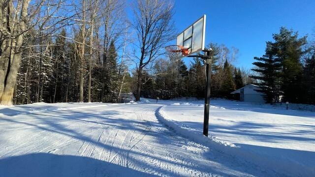 yard layered in snow with basketball hoop