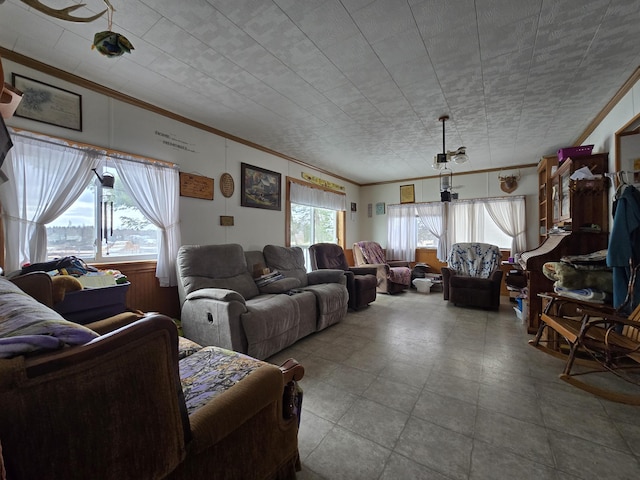 living room with crown molding