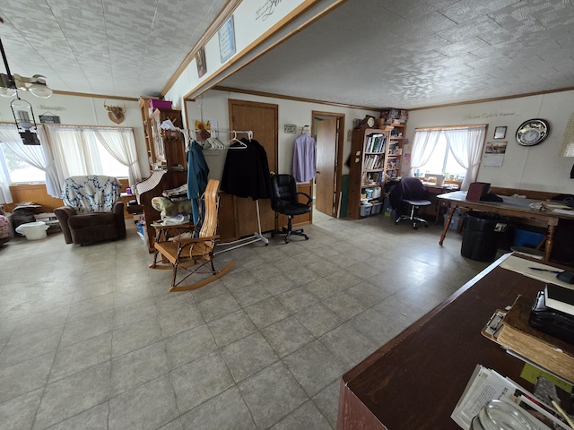 living room with crown molding