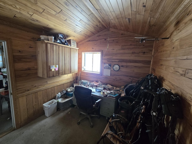 unfurnished office with wooden walls, wooden ceiling, and vaulted ceiling