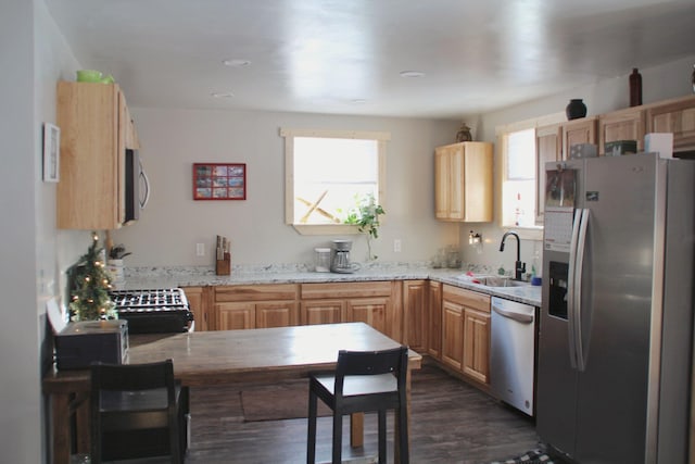 kitchen with dark wood-type flooring, light stone countertops, appliances with stainless steel finishes, a peninsula, and a sink