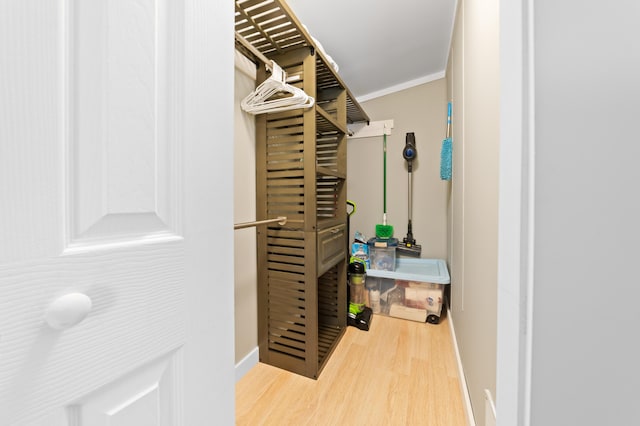 walk in closet with wood finished floors