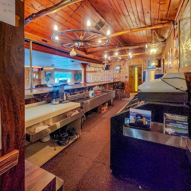 playroom with wooden walls, wood ceiling, and carpet floors