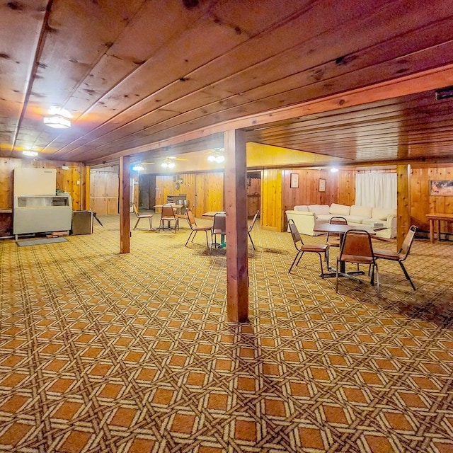 finished basement featuring wooden walls and wood ceiling