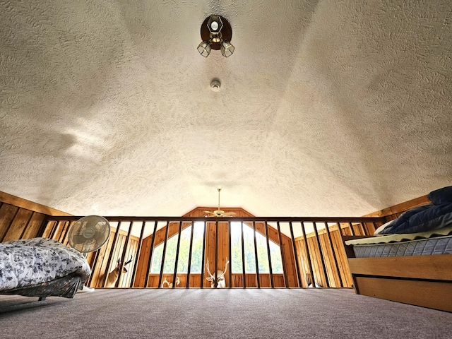 interior space featuring carpet floors, a textured ceiling, and vaulted ceiling