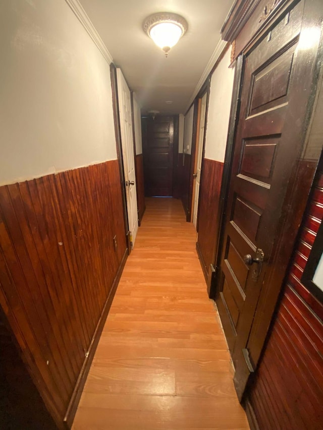 hallway with light wood-type flooring, a wainscoted wall, wooden walls, and ornamental molding