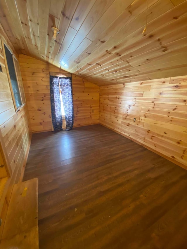 interior space featuring wood ceiling, lofted ceiling, wooden walls, and wood finished floors