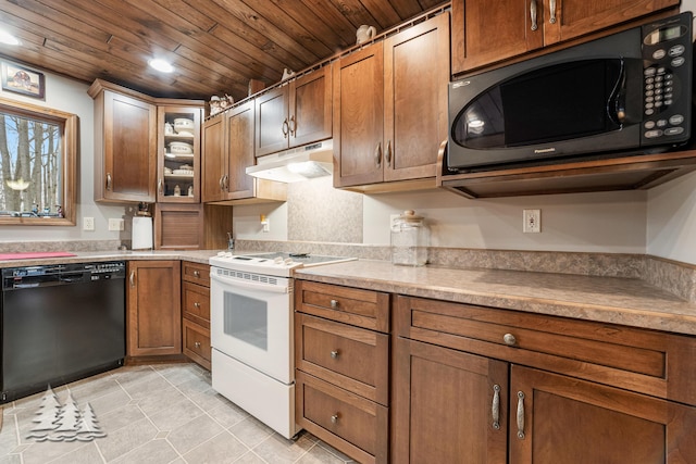 kitchen with light tile patterned floors, electric range, under cabinet range hood, dishwasher, and wooden ceiling