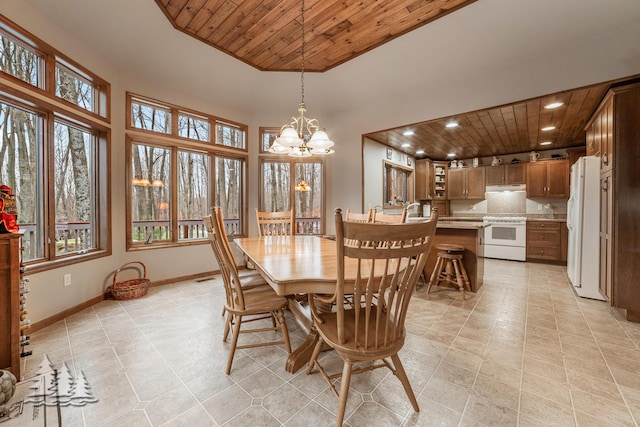 dining room featuring wooden ceiling, a notable chandelier, recessed lighting, and baseboards