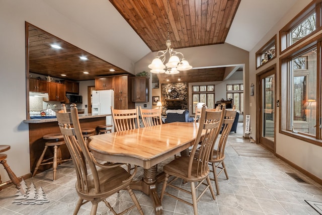 dining area featuring baseboards, recessed lighting, vaulted ceiling, wood ceiling, and a notable chandelier