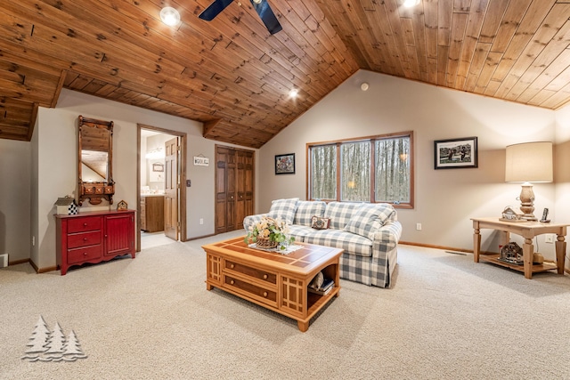 living area with a ceiling fan, baseboards, vaulted ceiling, wooden ceiling, and carpet flooring