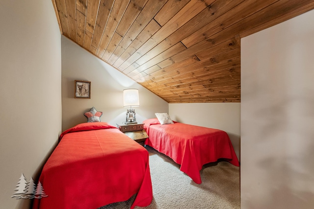 bedroom with wooden ceiling, carpet floors, and vaulted ceiling