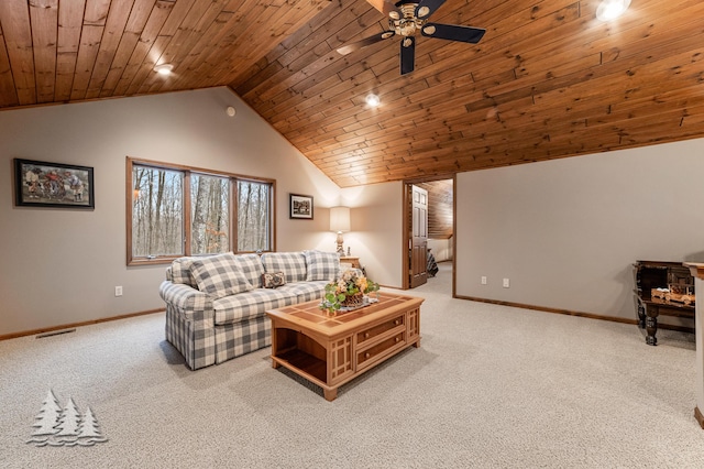 carpeted living area with ceiling fan, baseboards, high vaulted ceiling, and wooden ceiling