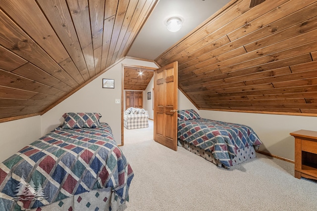 bedroom featuring carpet, baseboards, lofted ceiling, ornamental molding, and wooden ceiling