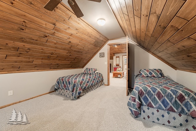 carpeted bedroom featuring ceiling fan, baseboards, wooden ceiling, and vaulted ceiling