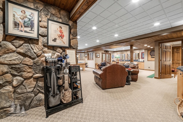 carpeted living area featuring recessed lighting