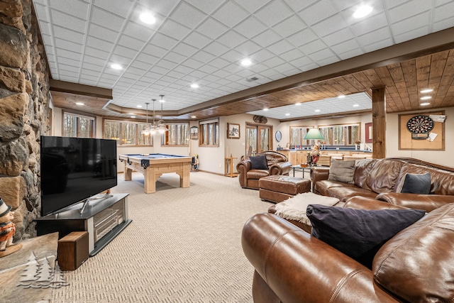 living room featuring billiards, recessed lighting, baseboards, and light carpet