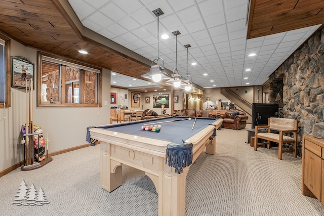 rec room featuring light carpet, recessed lighting, billiards, and baseboards