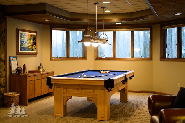 playroom featuring baseboards, a drop ceiling, light carpet, recessed lighting, and billiards