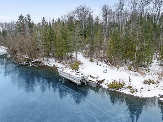 aerial view featuring a forest view and a water view