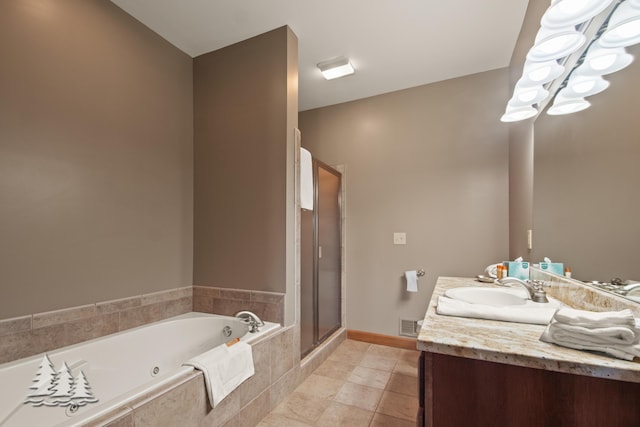 full bathroom with visible vents, a shower stall, a notable chandelier, vanity, and a tub with jets