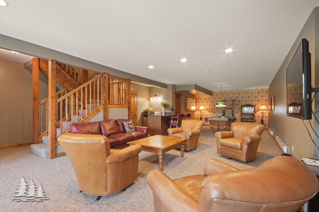 living room with pool table, stairs, recessed lighting, and carpet floors