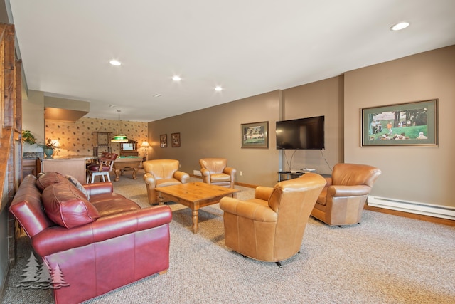 carpeted living room featuring recessed lighting, a baseboard heating unit, baseboards, and wallpapered walls