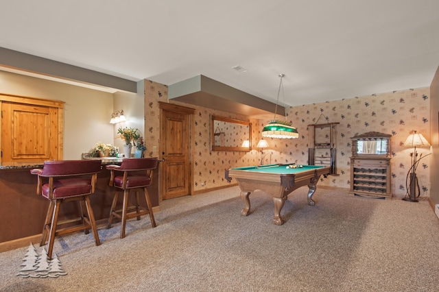 rec room featuring carpet, baseboards, wallpapered walls, pool table, and a dry bar