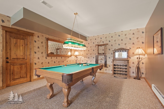 recreation room featuring a baseboard heating unit, carpet, visible vents, and wallpapered walls