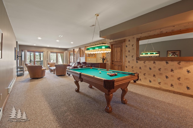 recreation room featuring billiards, baseboards, wallpapered walls, recessed lighting, and carpet flooring