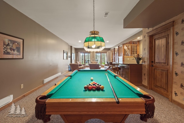 recreation room with billiards, baseboards, visible vents, and carpet floors