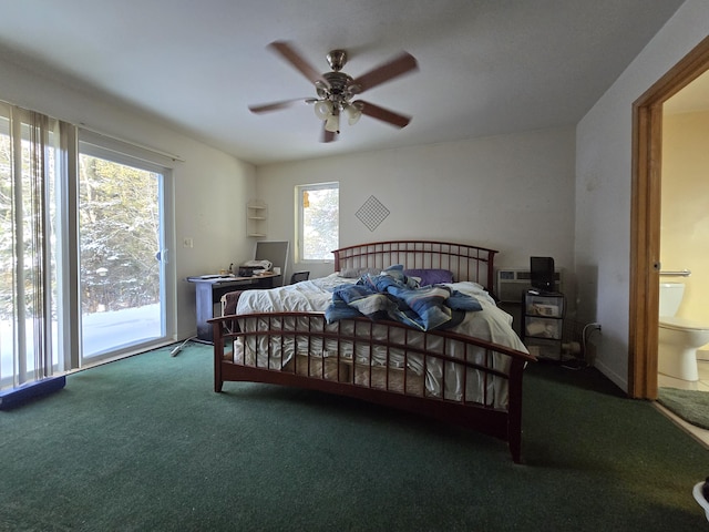 carpeted bedroom featuring ceiling fan, access to exterior, and ensuite bathroom