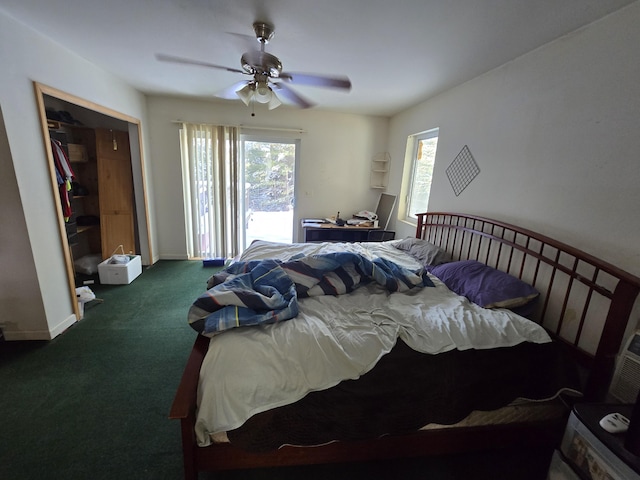 bedroom featuring baseboards, ceiling fan, and dark colored carpet