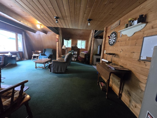 2709 Timberlane Trl, Grayling, MI 49738 - living room featuring wood walls, carpet floors, and wood ceiling