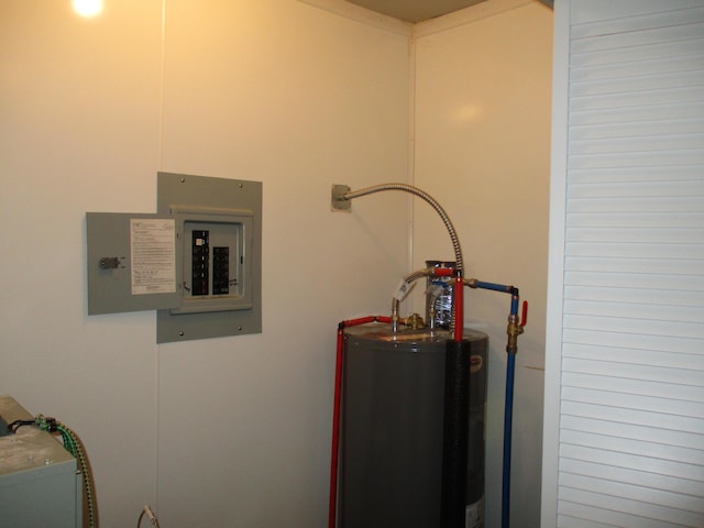 utility room featuring gas water heater and electric panel