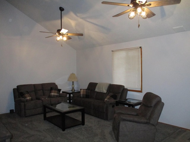 living area featuring lofted ceiling and ceiling fan