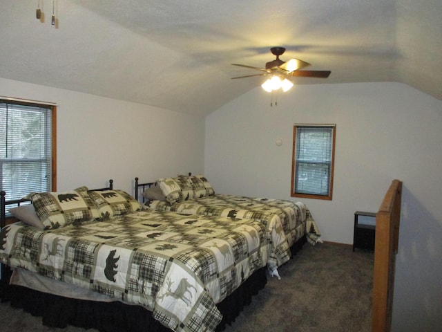 carpeted bedroom with lofted ceiling and ceiling fan