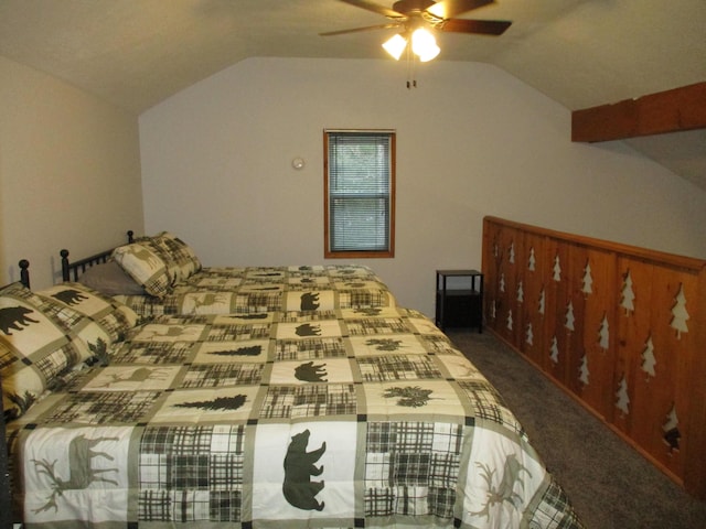 bedroom featuring ceiling fan, carpet flooring, and vaulted ceiling