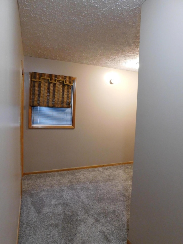 empty room featuring carpet flooring, a textured ceiling, and baseboards