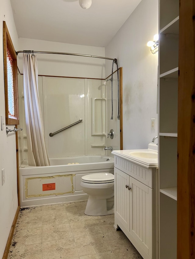 bathroom with tile patterned floors, shower / tub combo with curtain, vanity, and toilet