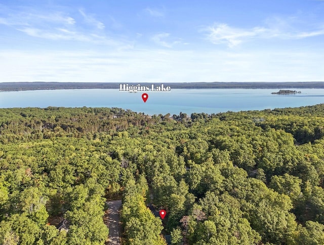 aerial view with a forest view and a water view