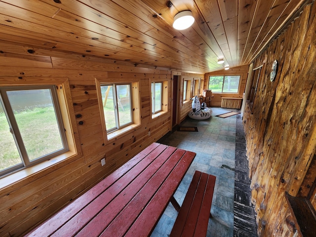 interior space with wood walls, wooden ceiling, and lofted ceiling