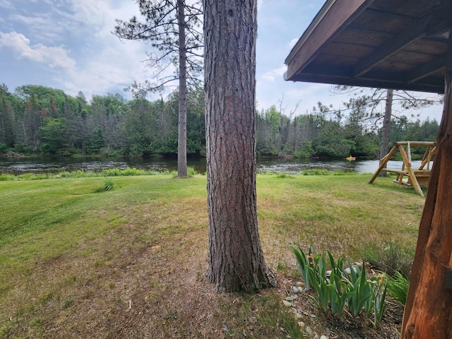 view of yard with a view of trees and a water view