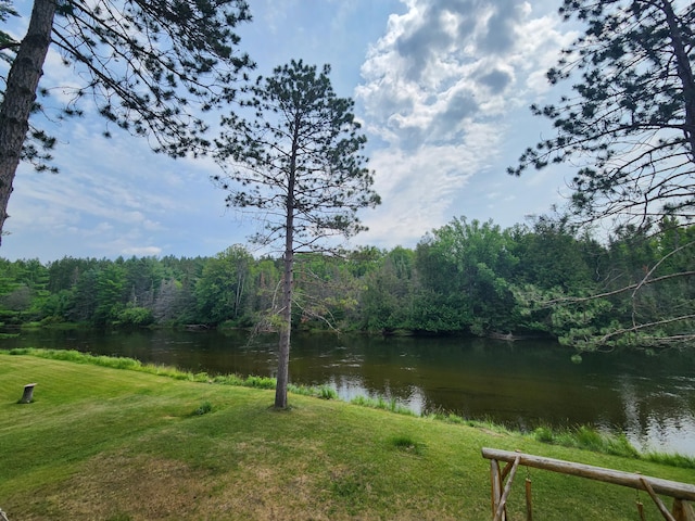 view of water feature with a forest view