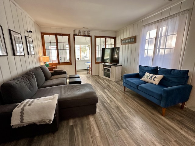 living room with plenty of natural light and wood finished floors