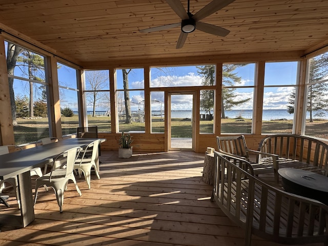 sunroom / solarium featuring a water view, wooden ceiling, and a ceiling fan